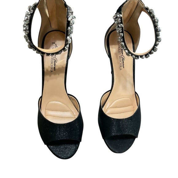 Badgley Mischka Shoes - Badgley Mischka Black Sparkle Heels with Crystal Ankle Strap – Size 8.5